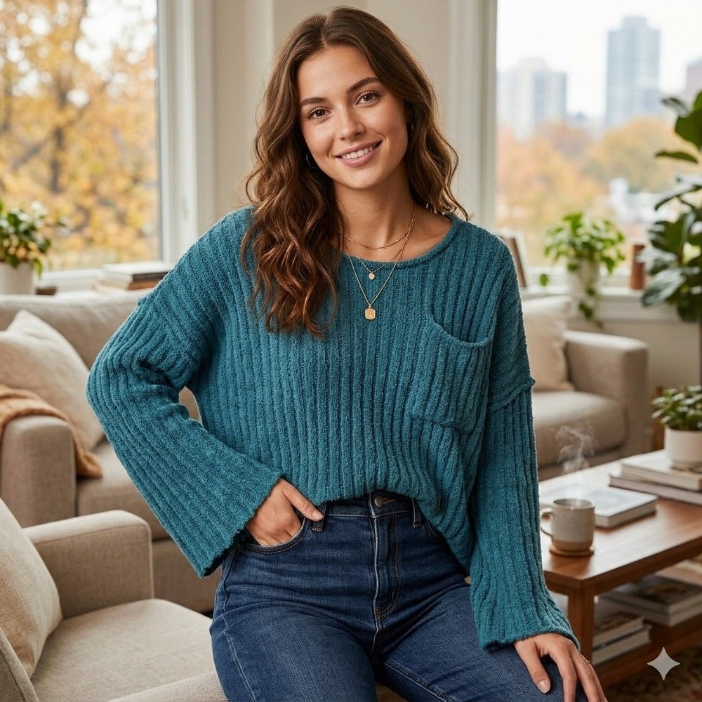POL Hygge Sweater Womens S Teal Bue Popcorn Knit Oversized Ribbed Dolman